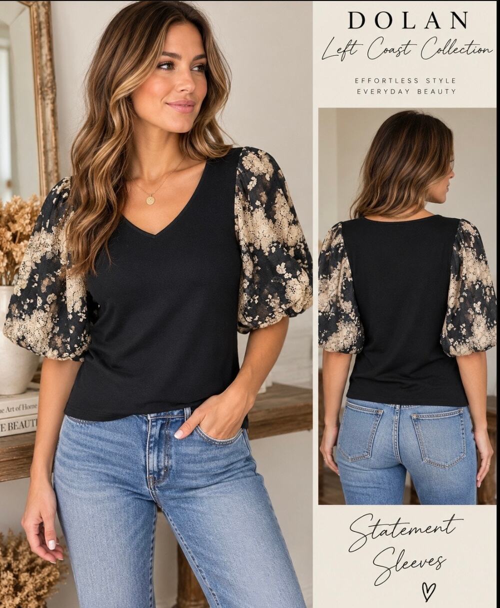 Dolan Left Coast Collection XS Black Floral Lace Puff Sleeve V Neck Top